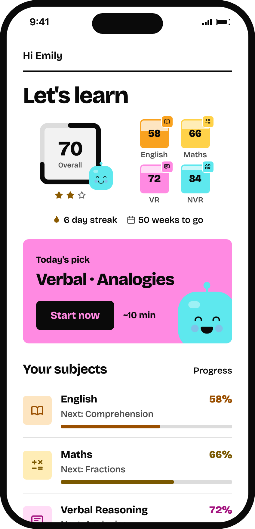 Mizasi app: Emily's home screen with her overall score and today's pick