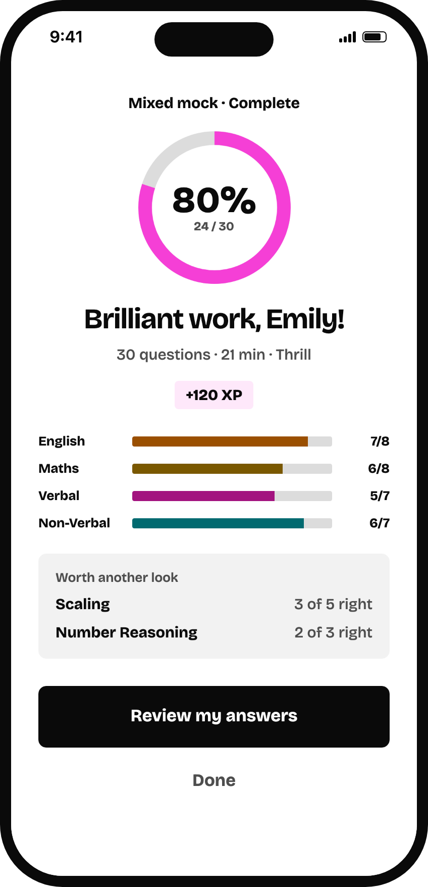 Test results: Emily's score by subject and the topics worth another look